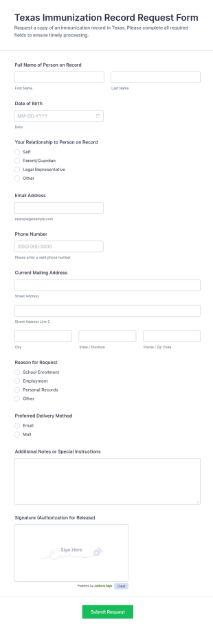 Texas Immunization Record Request Form Template