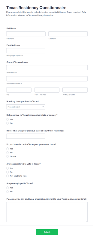 Texas Residency Questionnaire Form Template
