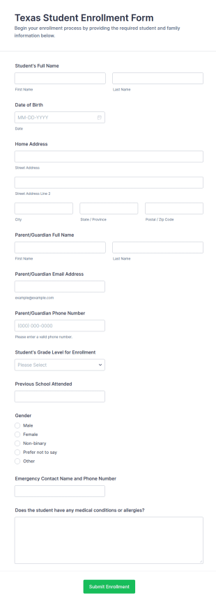 Texas Student Enrollment Form Template
