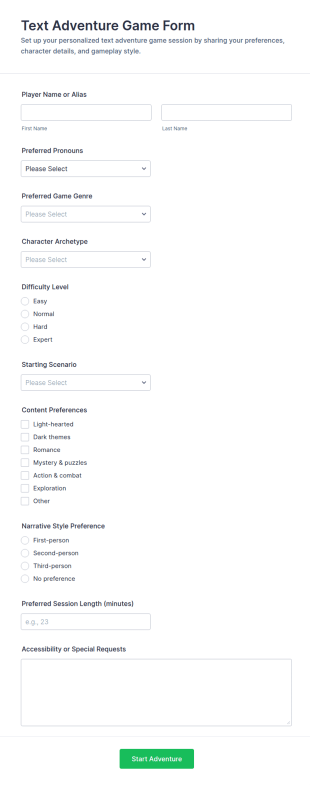Text Adventure Game Form Template