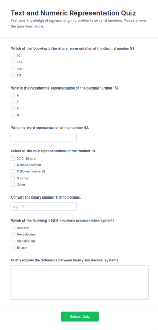 Text And Numeric Representation Quiz Form Template