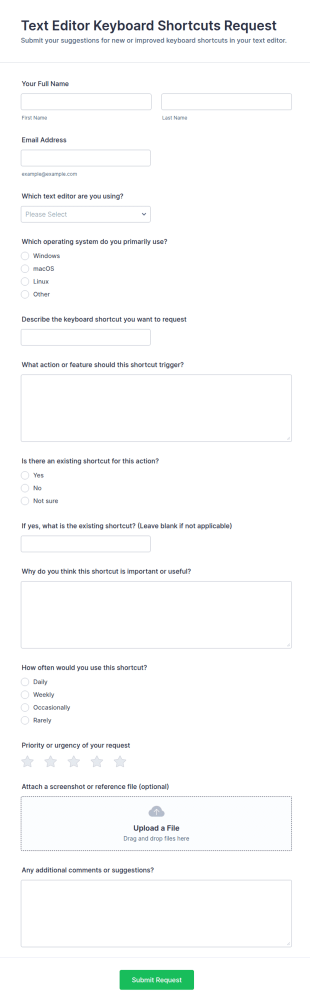 Text Editor Keyboard Shortcuts Request Form Template
