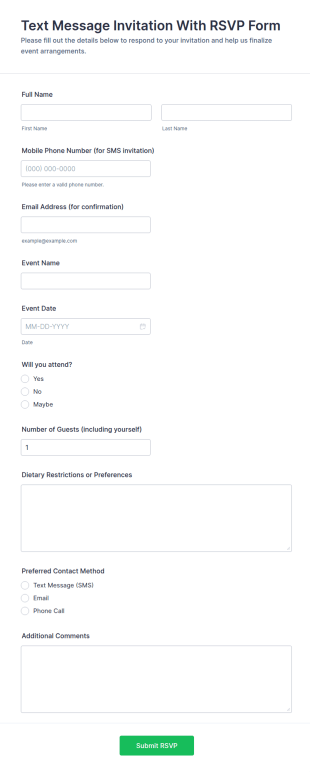 Text Message Invitation RSVP Form Template