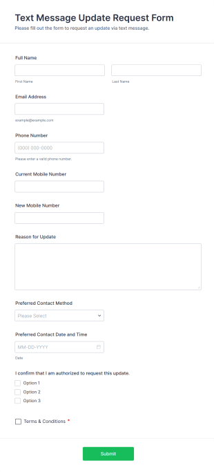 Text Message Update Request Form Template
