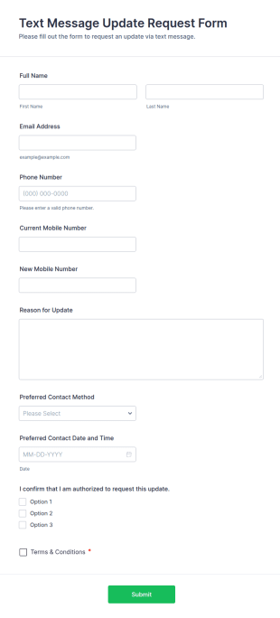 Text Message Update Request Form Template