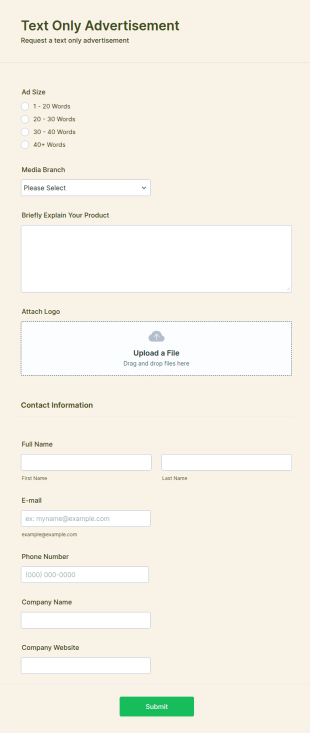 Text Only Advertisement Request Form Template