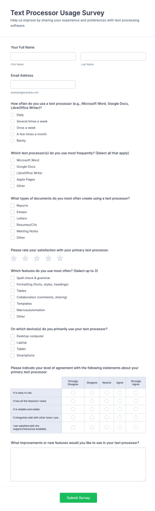 Text Processor Usage Survey Form Template
