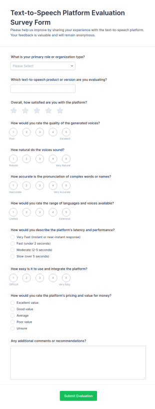 Text To Speech Platform Evaluation Survey Form Template