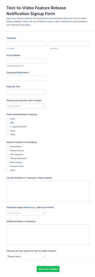 Text To Video Feature Release Notification Signup Form Template