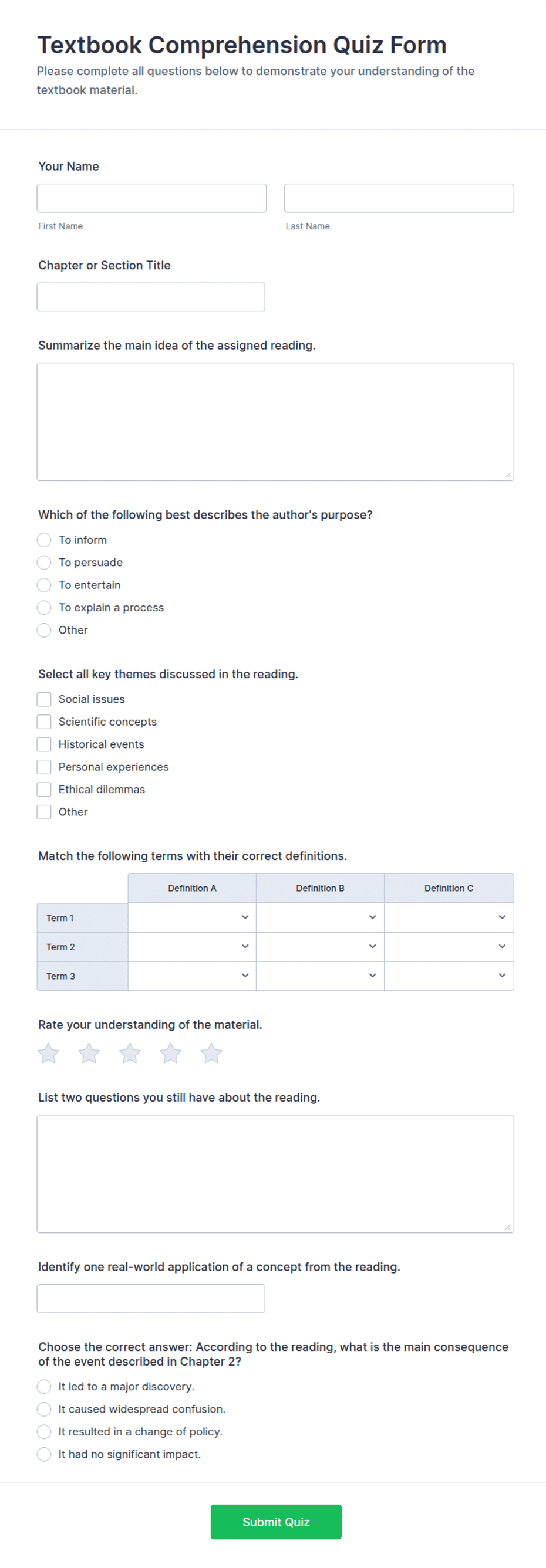 Textbook Comprehension Quiz Form Template | Jotform