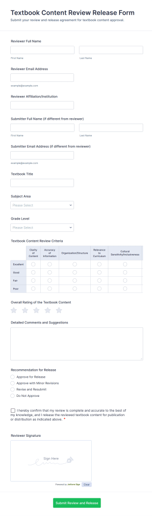 Textbook Content Review Release Form Template
