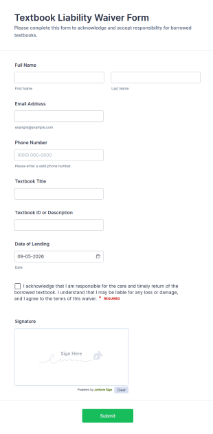 Textbook Liability Waiver Form Template