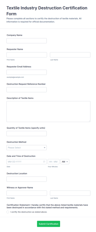Textile Industry Destruction Certification Form Template