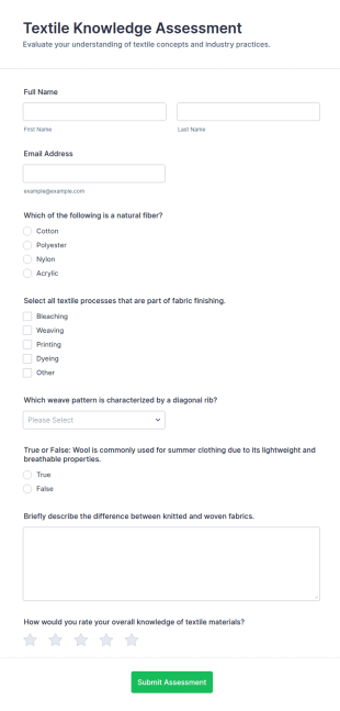 Textile Knowledge Assessment Form Template