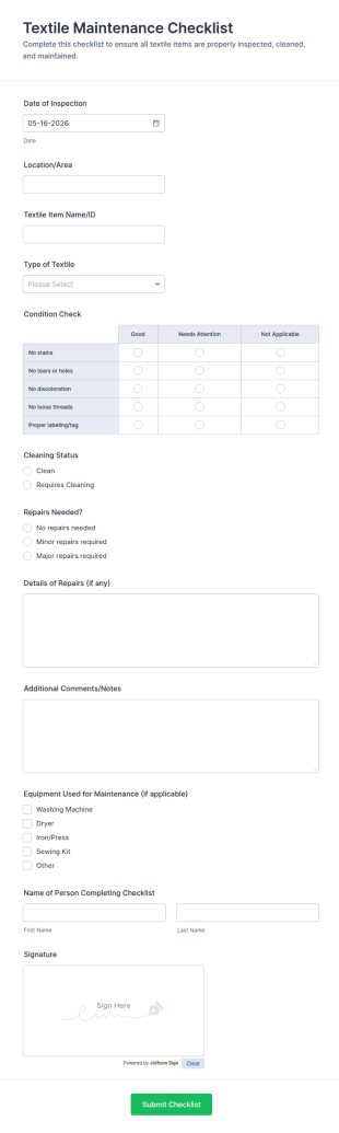 Textile Maintenance Checklist Form Template