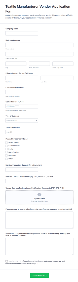 Textile Manufacturer Vendor Application Form Template