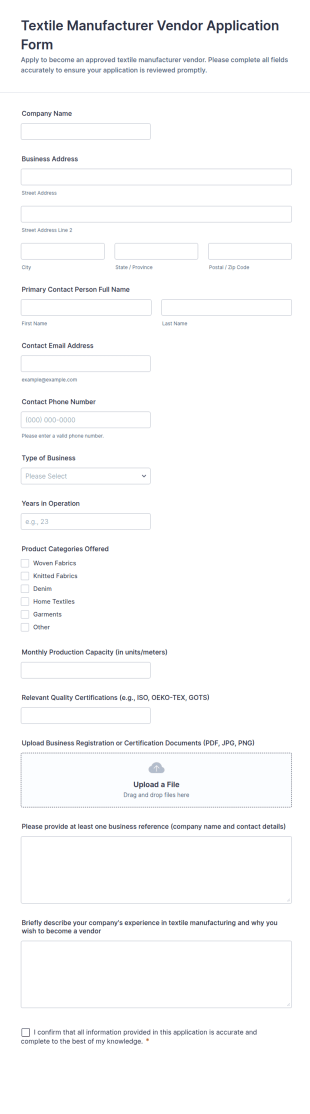 Textile Manufacturer Vendor Application Form Template