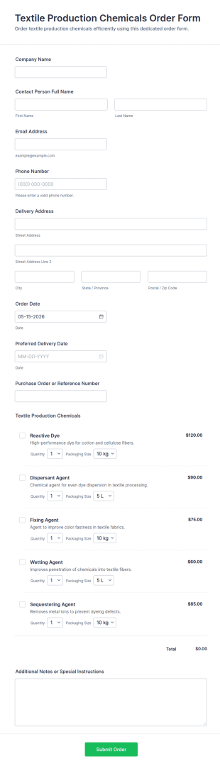 Textile Production Chemicals Order Form Template