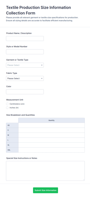 Textile Production Size Information Collection Form Template