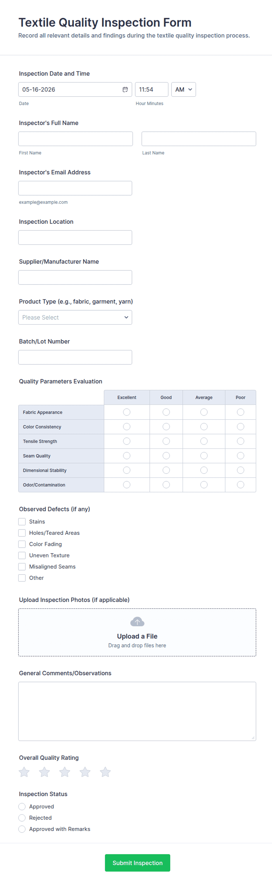 Home Textiles Inspection Format Textile Quality Inspection Form Template | Jotform