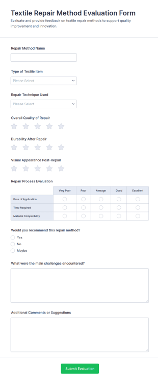 Textile Repair Method Evaluation Form Template