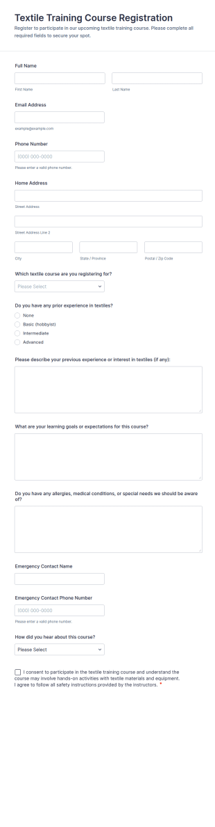 Textile Training Course Registration Form Template