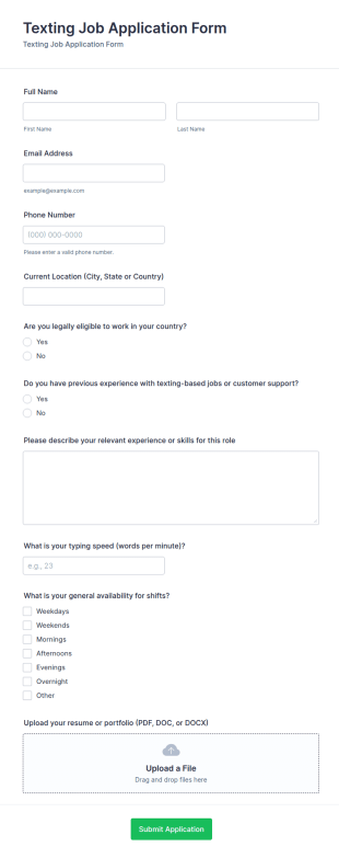 Texting Job Application Form Template