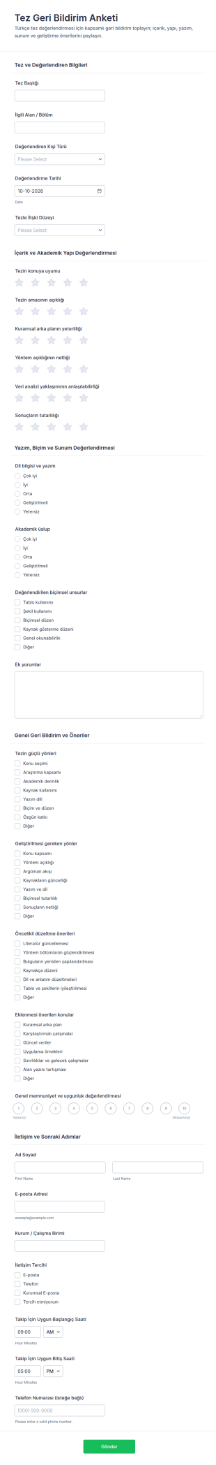 Tez Geri Bildirim Anketi Form Şablonu