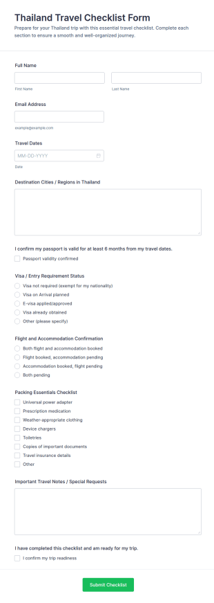 Thailand Travel Checklist Form Template