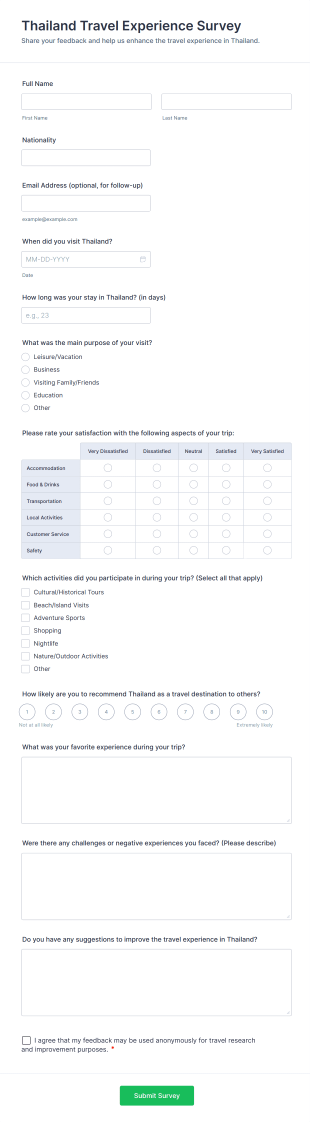 Thailand Travel Experience Survey Form Template