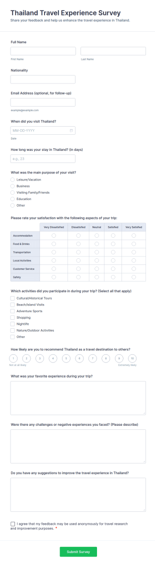 Thailand Travel Experience Survey Form Template