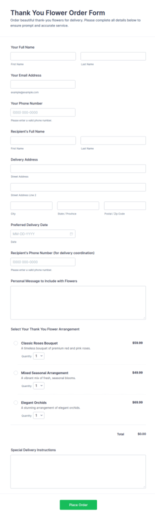 Thank You Flower Order Form Template