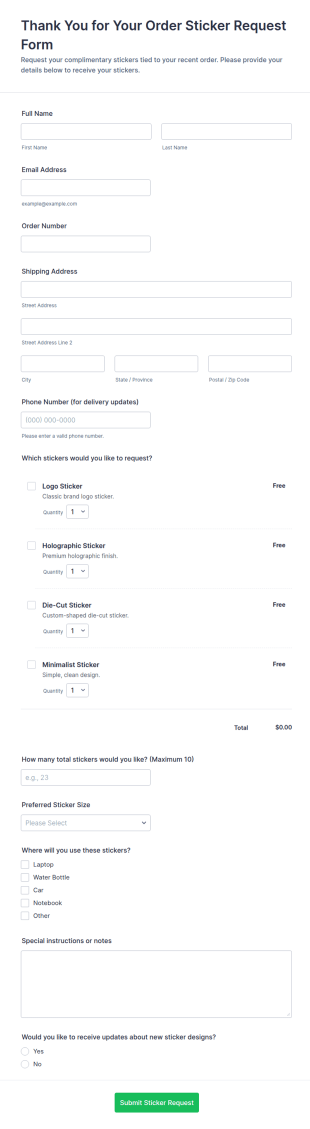 Thank You For Your Order Sticker Request Form Template
