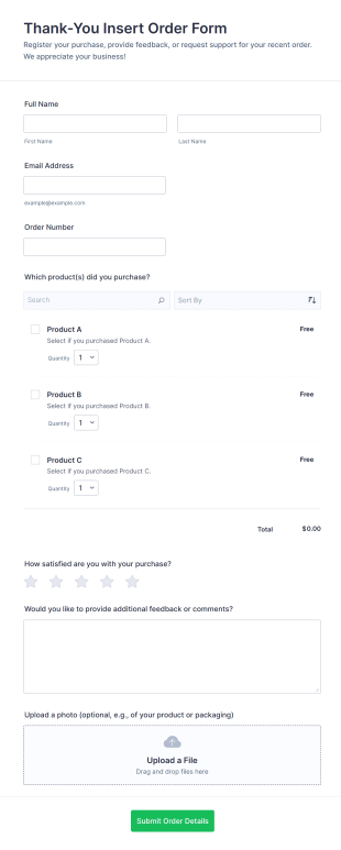 Thank You Insert Order Form Template