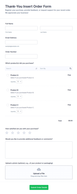 Thank You Insert Order Form Template