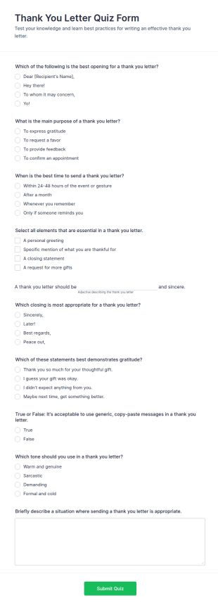 Thank You Letter Quiz Form Template