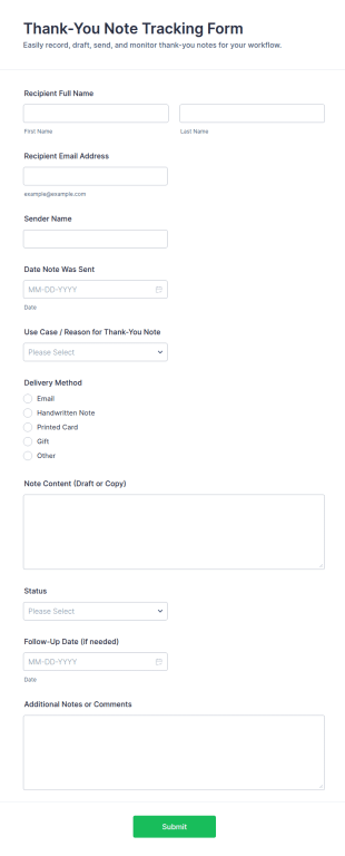 Thank You Note Tracking Form Template
