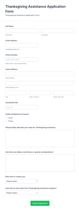 Thanksgiving Assistance Application Form Template