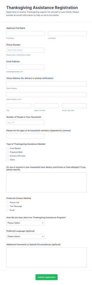Thanksgiving Assistance Registration Form Template
