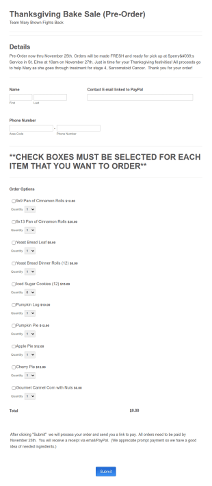 Thanksgiving Bake Sale Pre Order Form Template