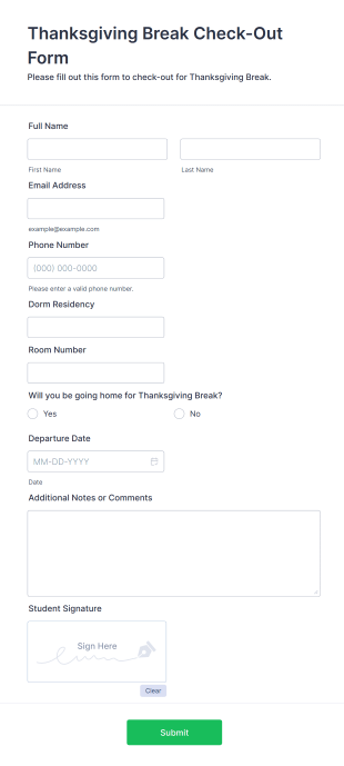 Thanksgiving Break Check Out Form Template