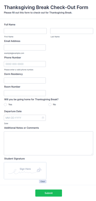 Thanksgiving Break Check Out Form Template