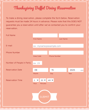 Thanksgiving Buffet Dining Reservation Form Template