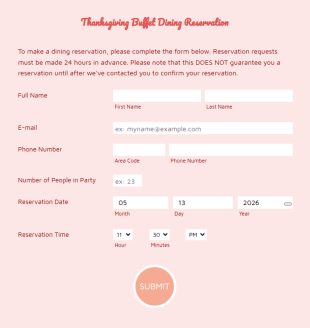 Thanksgiving Buffet Dining Reservation Form Template