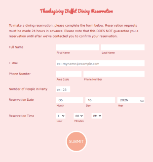Thanksgiving Buffet Dining Reservation Form Template