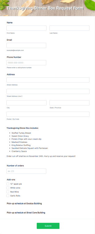 Thanksgiving Dinner Box Request Form Template