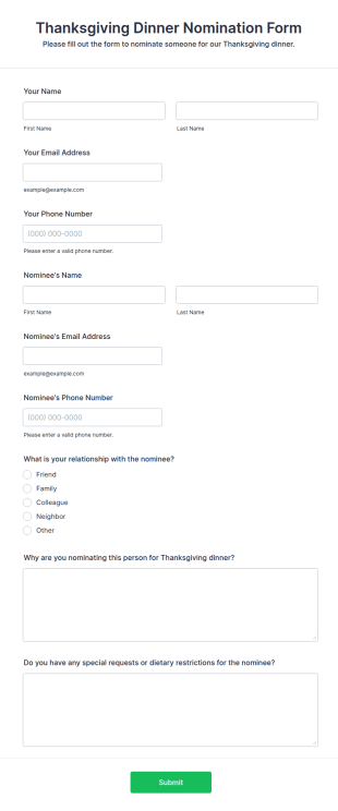 Thanksgiving Dinner Nomination Form Template