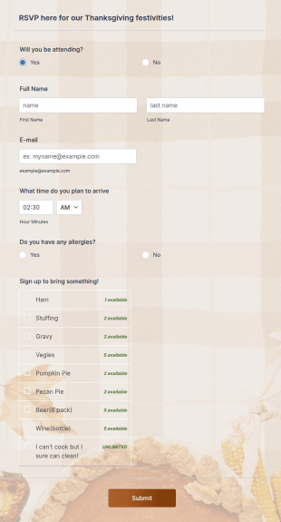 Thanksgiving Dinner RSVP Form Template