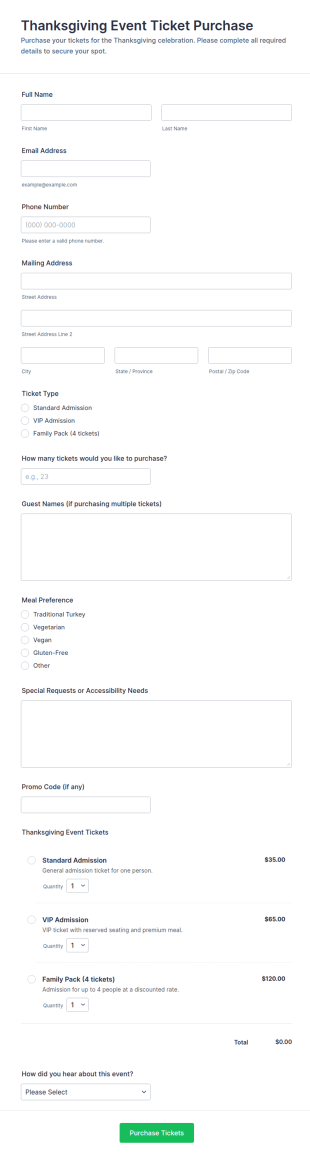 Thanksgiving Event Ticket Purchase Form Template