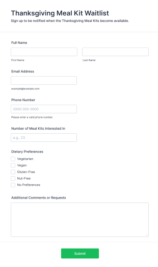Thanksgiving Meal Kit Waitlist Form Template